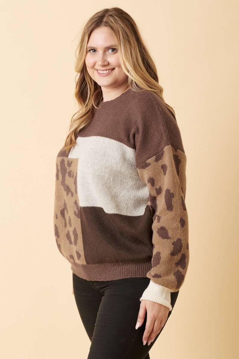 PLUS ANIMAL PRINT COLOR BLOCK SWEATER MOCHA COMBO