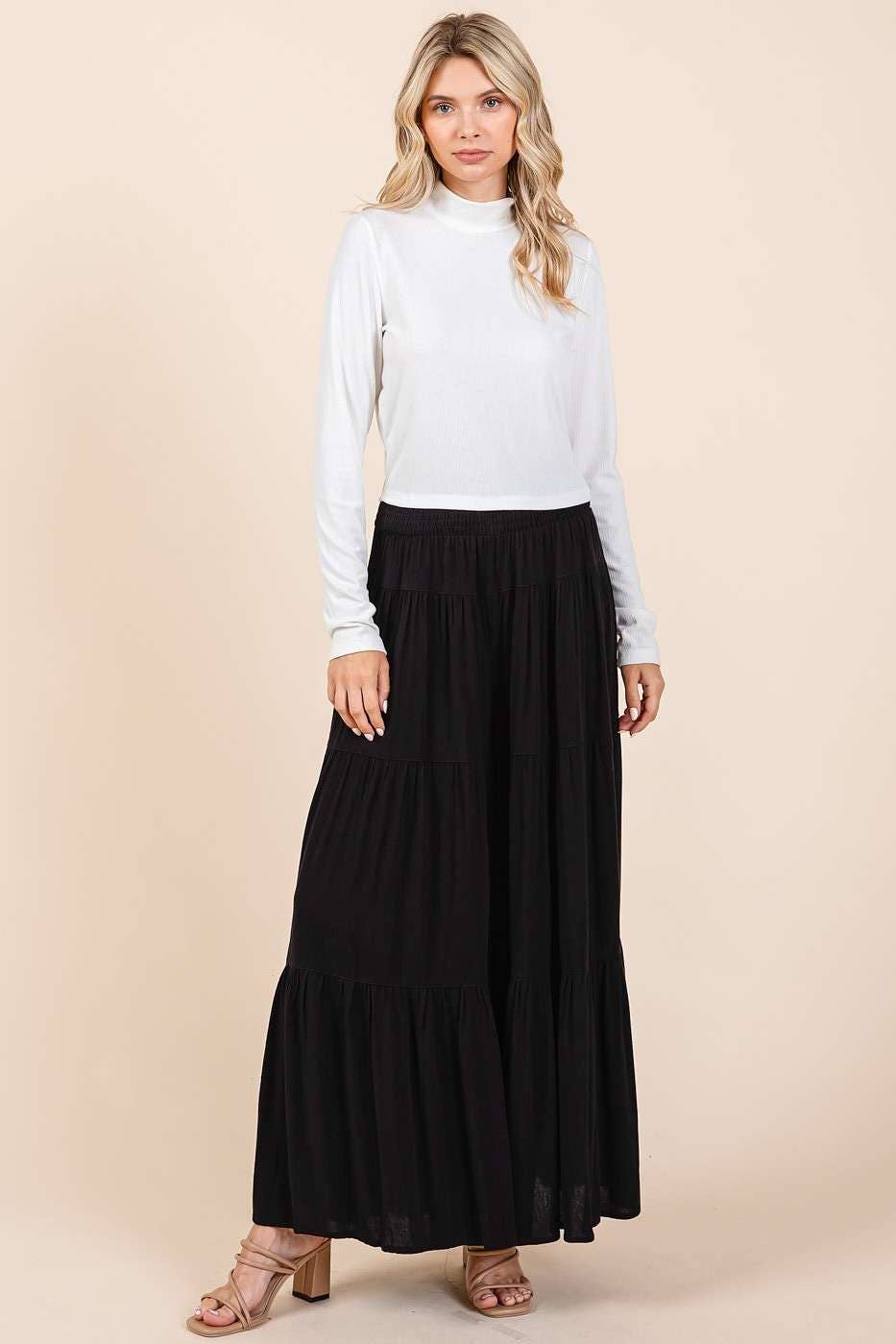 BLACK TIER DETAIL SMOCKED ELASTIC WAIST WIDE LEG PANTS