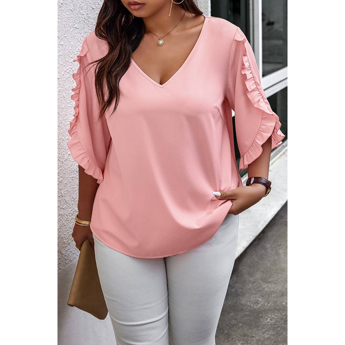 Solid Plus V Neck Ruffle Trim Petal Sleeve Blouse: PINK