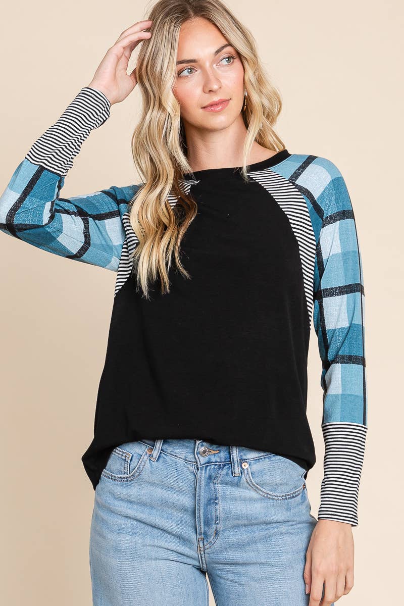 PLUS TEAL PLAID & STRIPE LONG SLEEVE