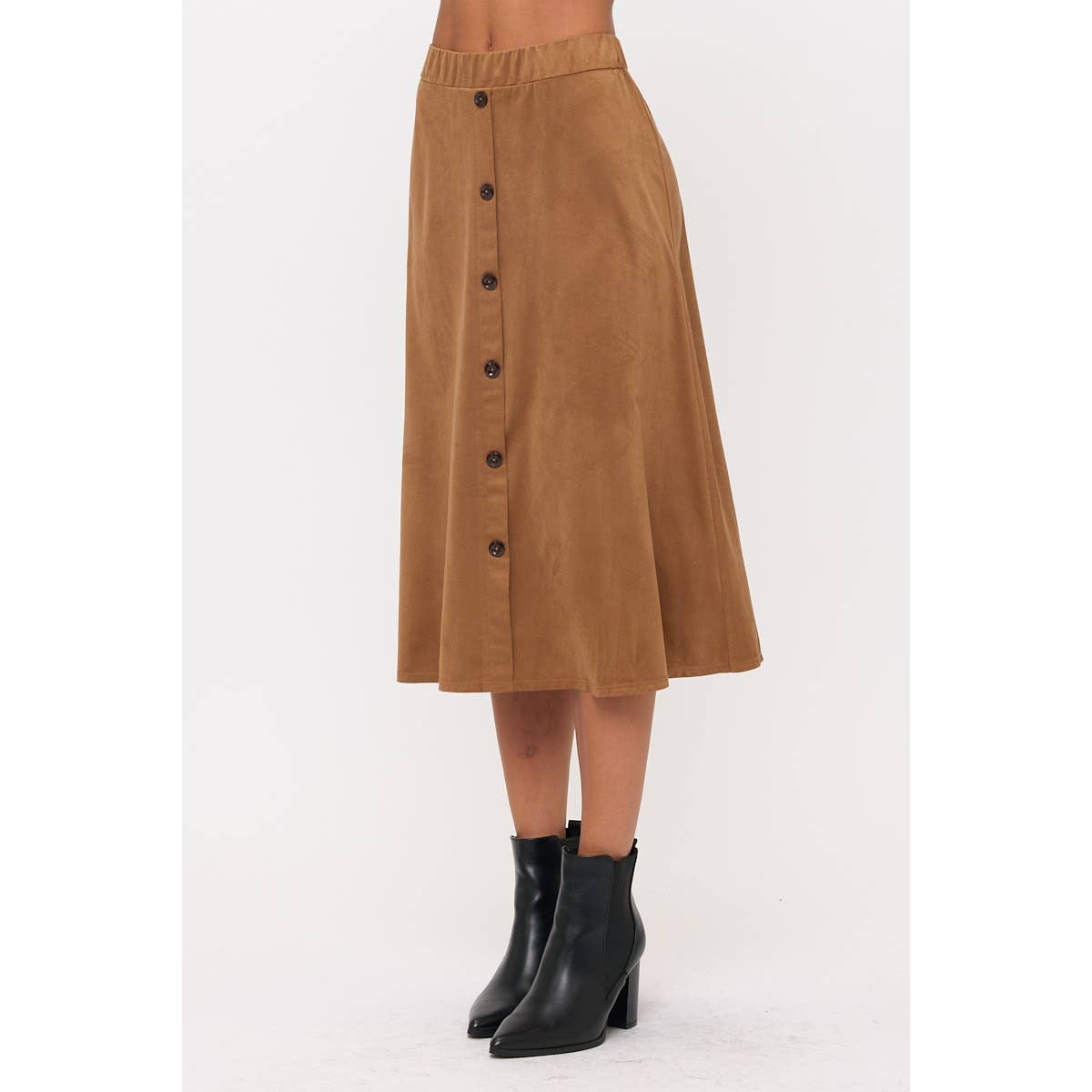 COGNAC ELASTIC WAIST ALINE BUTTON DOWN FAUX SUEDE SKIRT