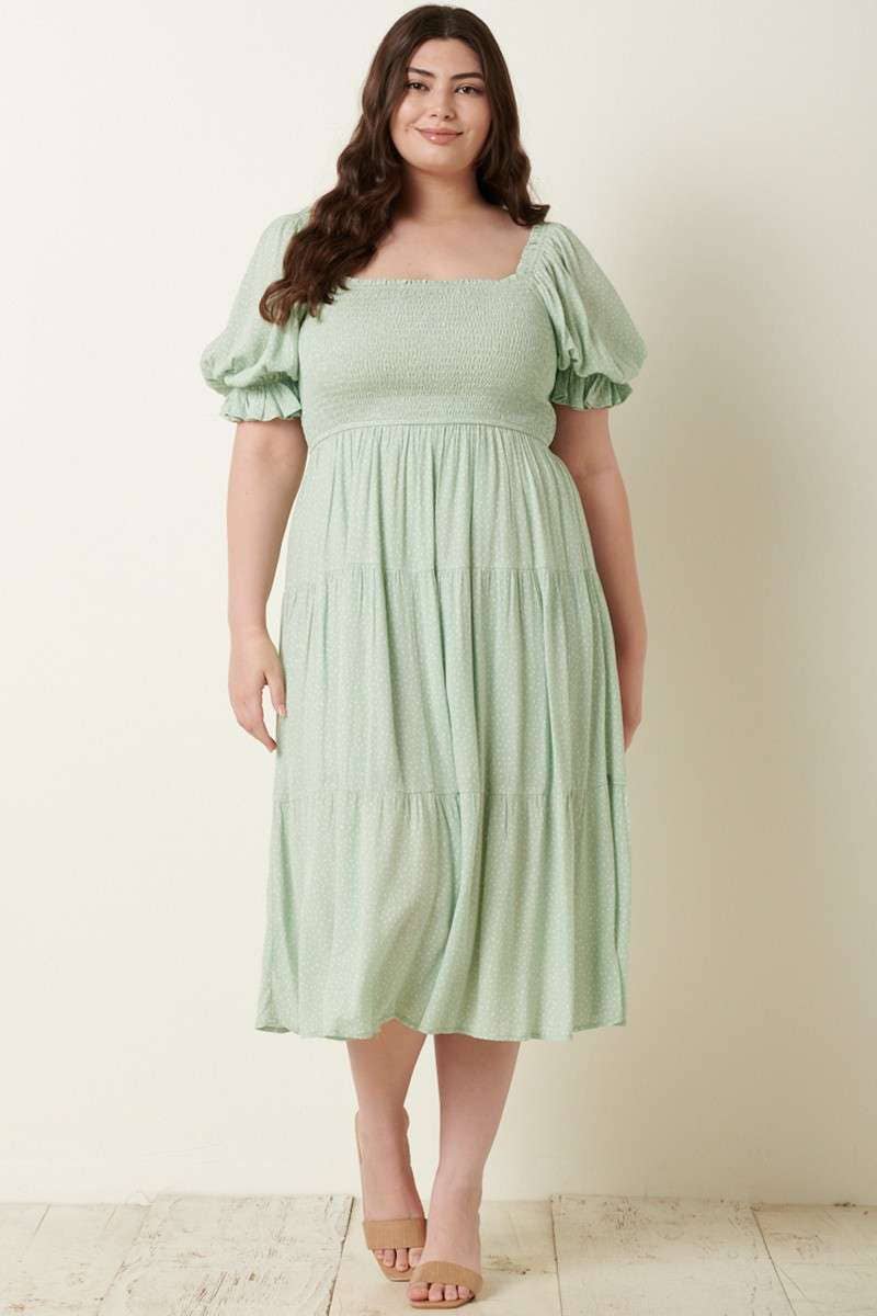 PLUS SAGE MINI DOT SMOCKED DRESS