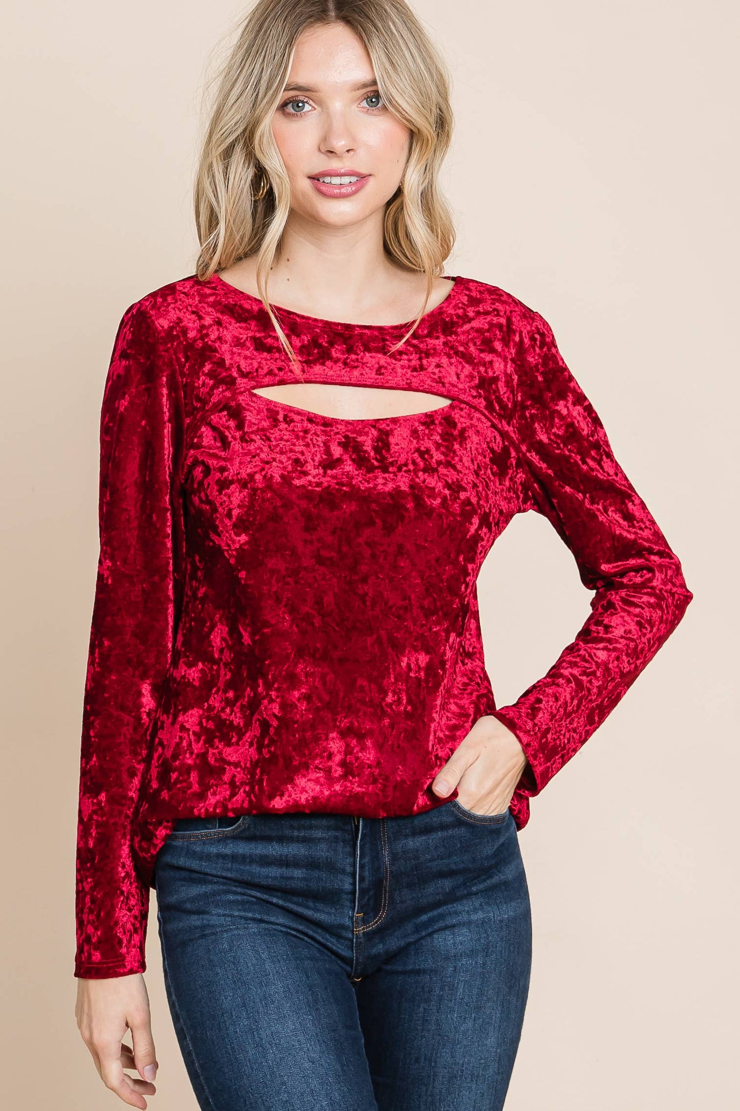 Plus Velvet Cut Out Fashion Top Red