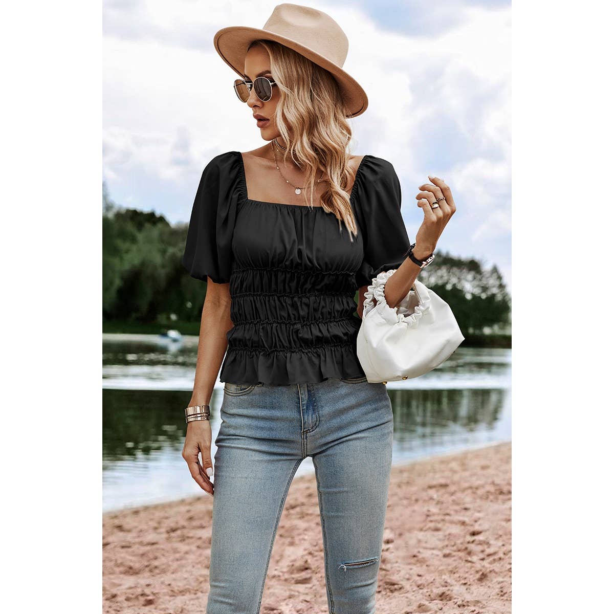 Solid Square Neck Shirred Flounce Sleeve Peplum Blouse: BLACK