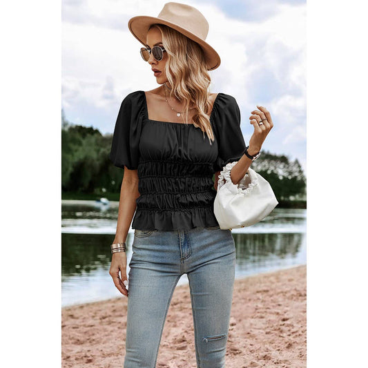 Solid Square Neck Shirred Flounce Sleeve Peplum Blouse: BLACK