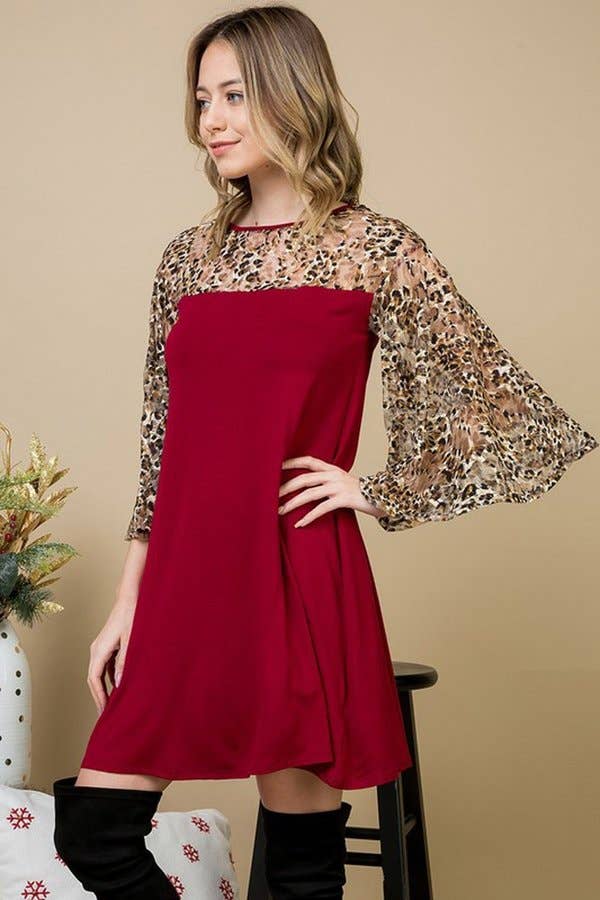 WINE A LINE DRESS WITH LEOPARD MESH SLEEVE