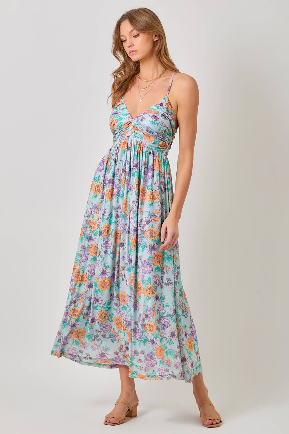 LARGE SEAFOAM CRISS CROSS FLORAL MAXI DRESS