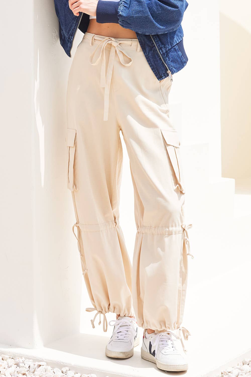 ECRU HIGH-RISE DRAWSTRING CARGO WIDE LEG PANTS