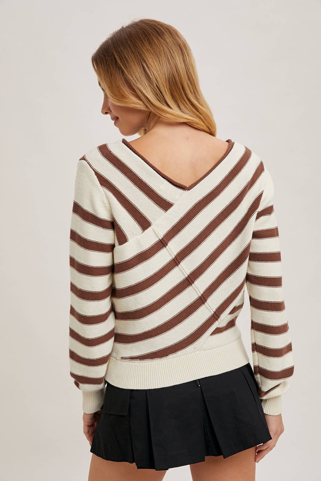 MOCHA STRIPED V NECK WRAP SWEATER