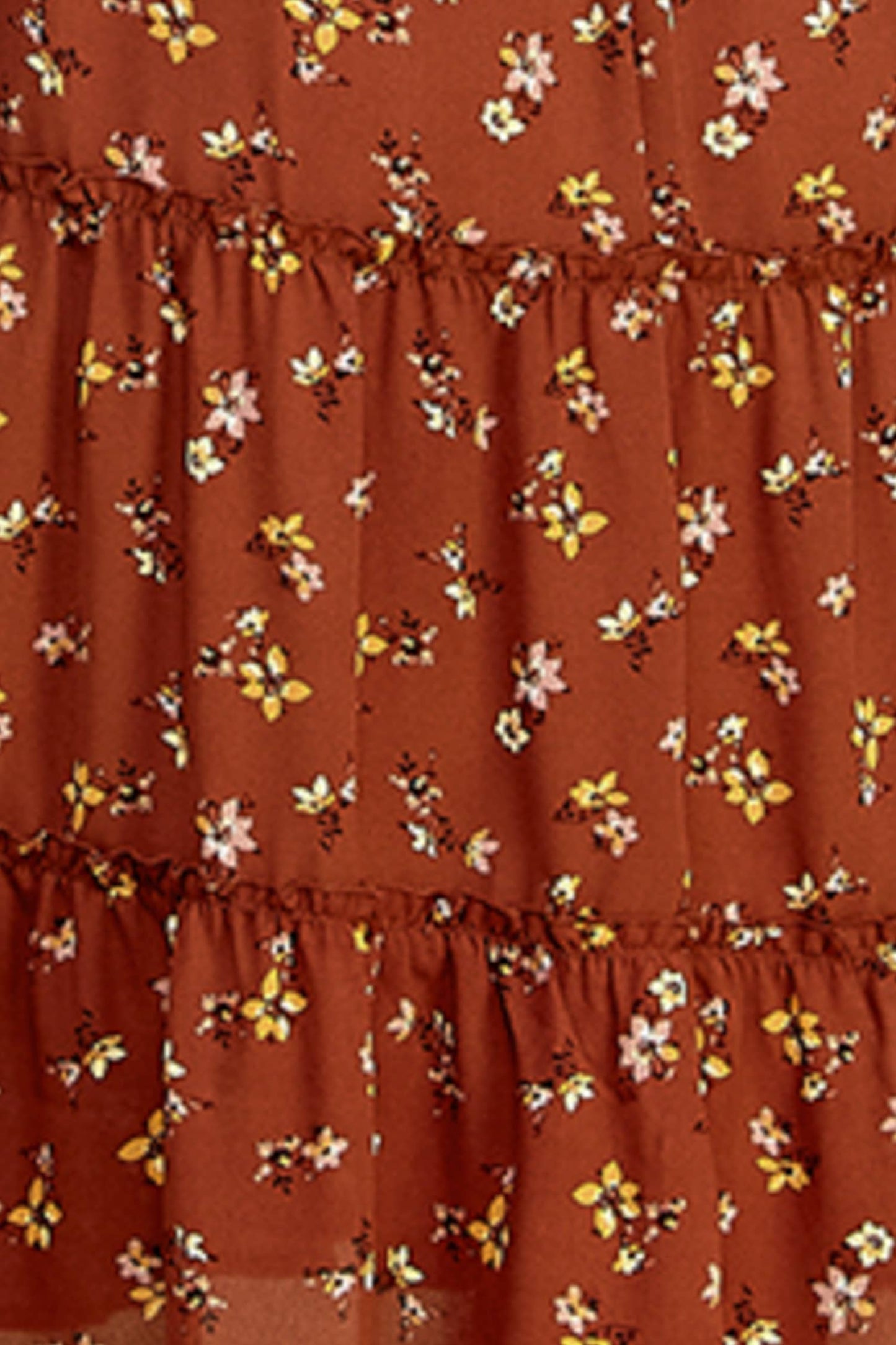 TIERED DRESS W/SMOCKING & LONG SLEEVE: RUST/GOLD/MAUVE