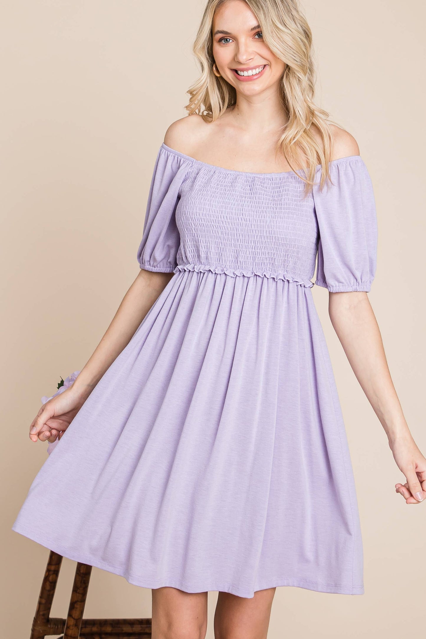 Solid Smocked Babydoll Dress Lavender