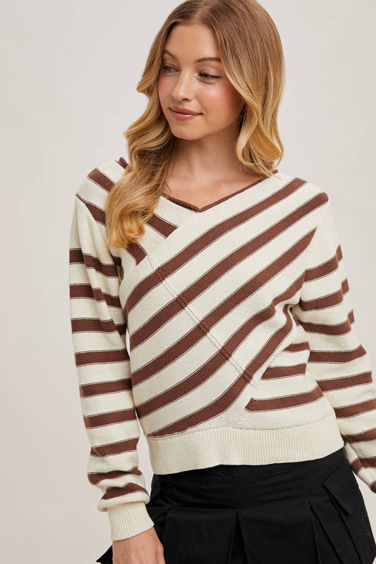 MOCHA STRIPED V NECK WRAP SWEATER