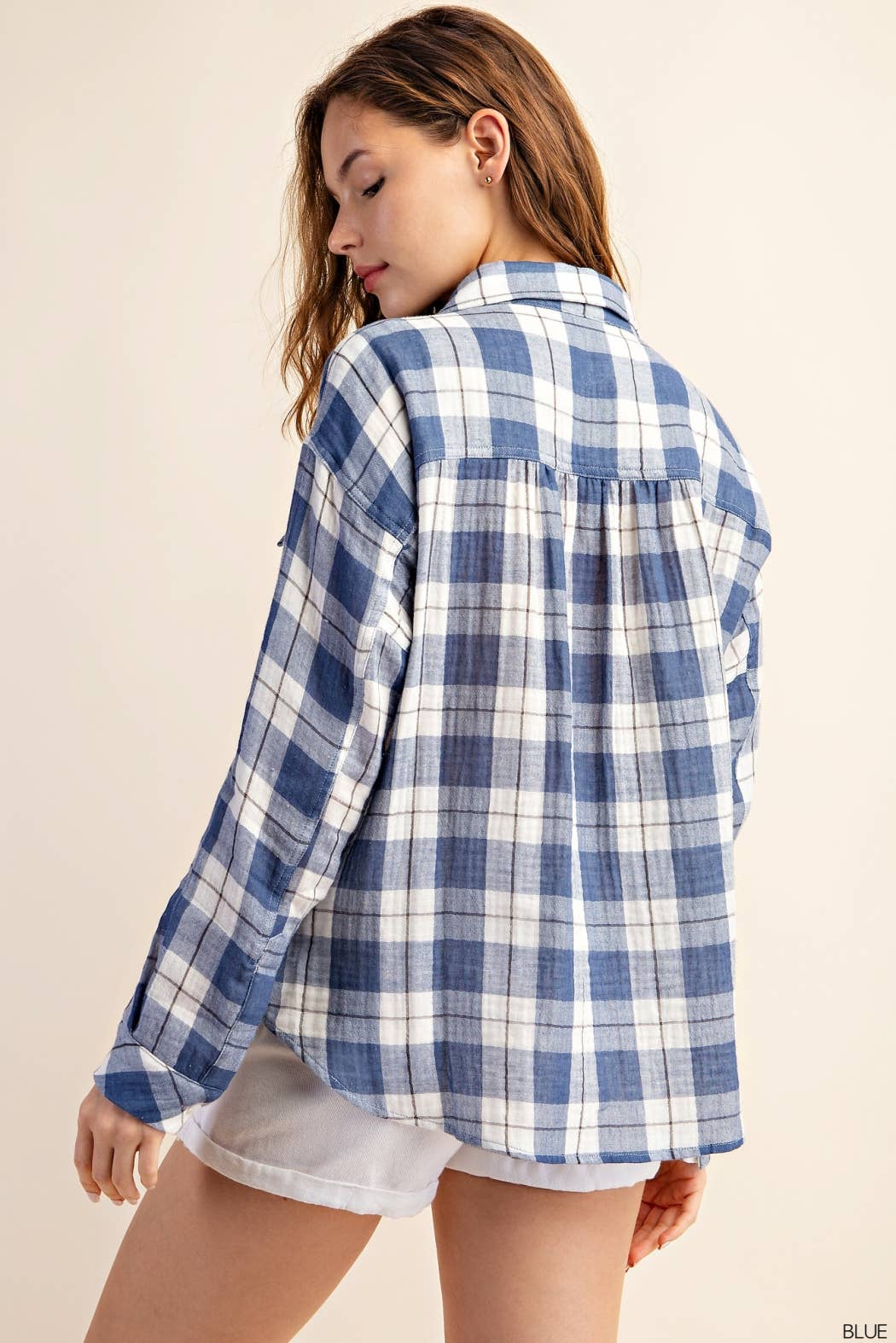 Blue Plaid Gauze Cotton Long Sleeve Button Down