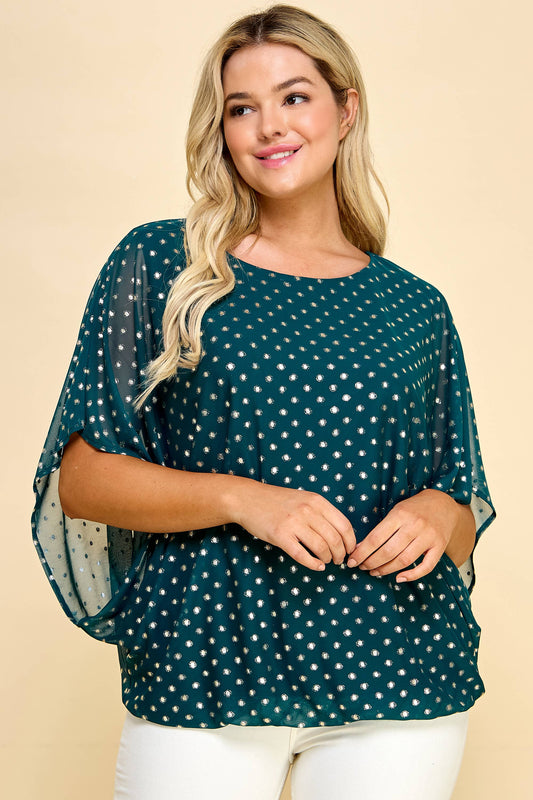 PLUS SIZE VAMPIRE LINED MESH DOT FOIL BLOUSE: HUNTER GOLD