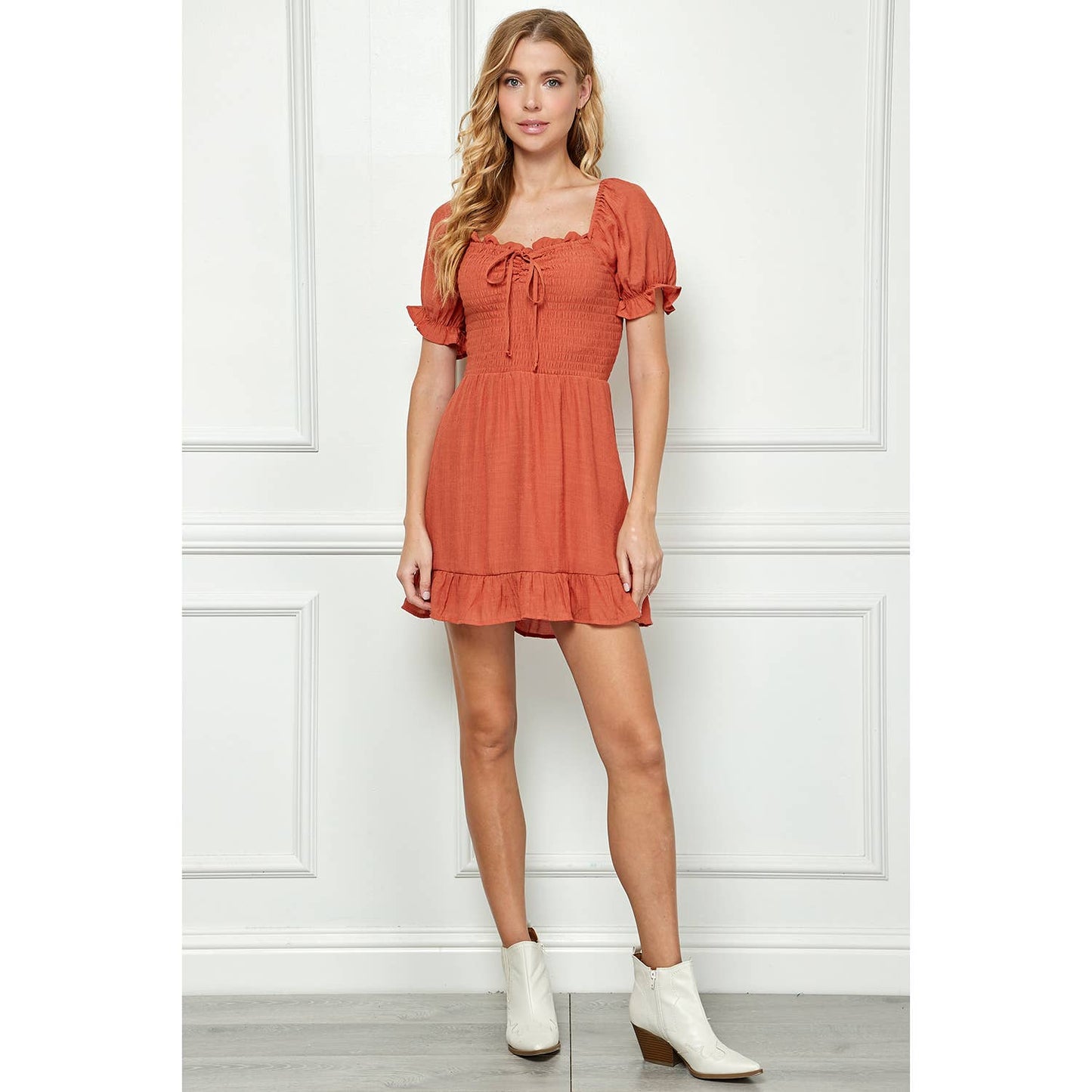 LARGE CLAY PUFF SLEEVE SMOCKED TOP BOTTOM RUFFLE DRESS