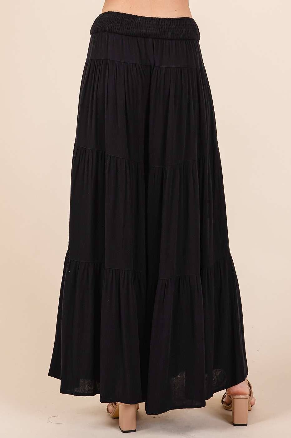 BLACK TIER DETAIL SMOCKED ELASTIC WAIST WIDE LEG PANTS