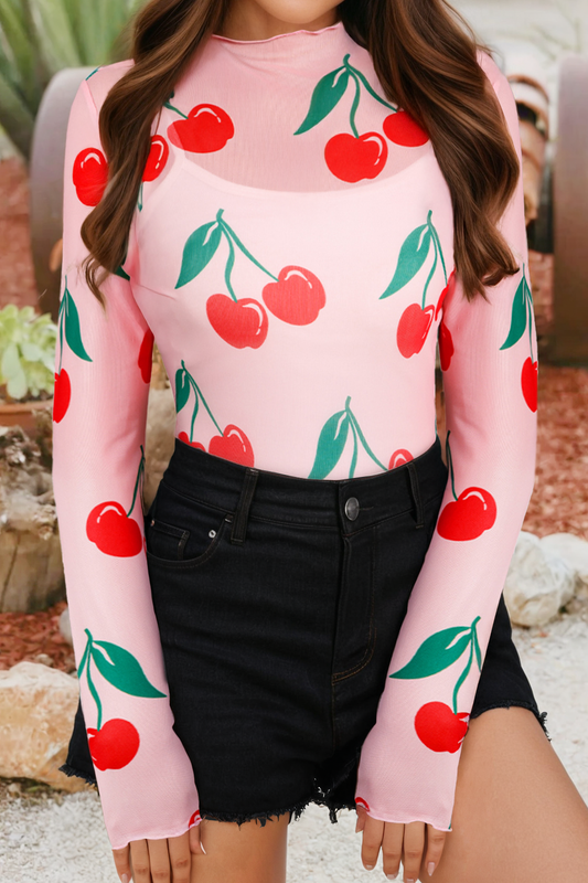 CHERRIES ON PINK MESH LONG SLEEVE
