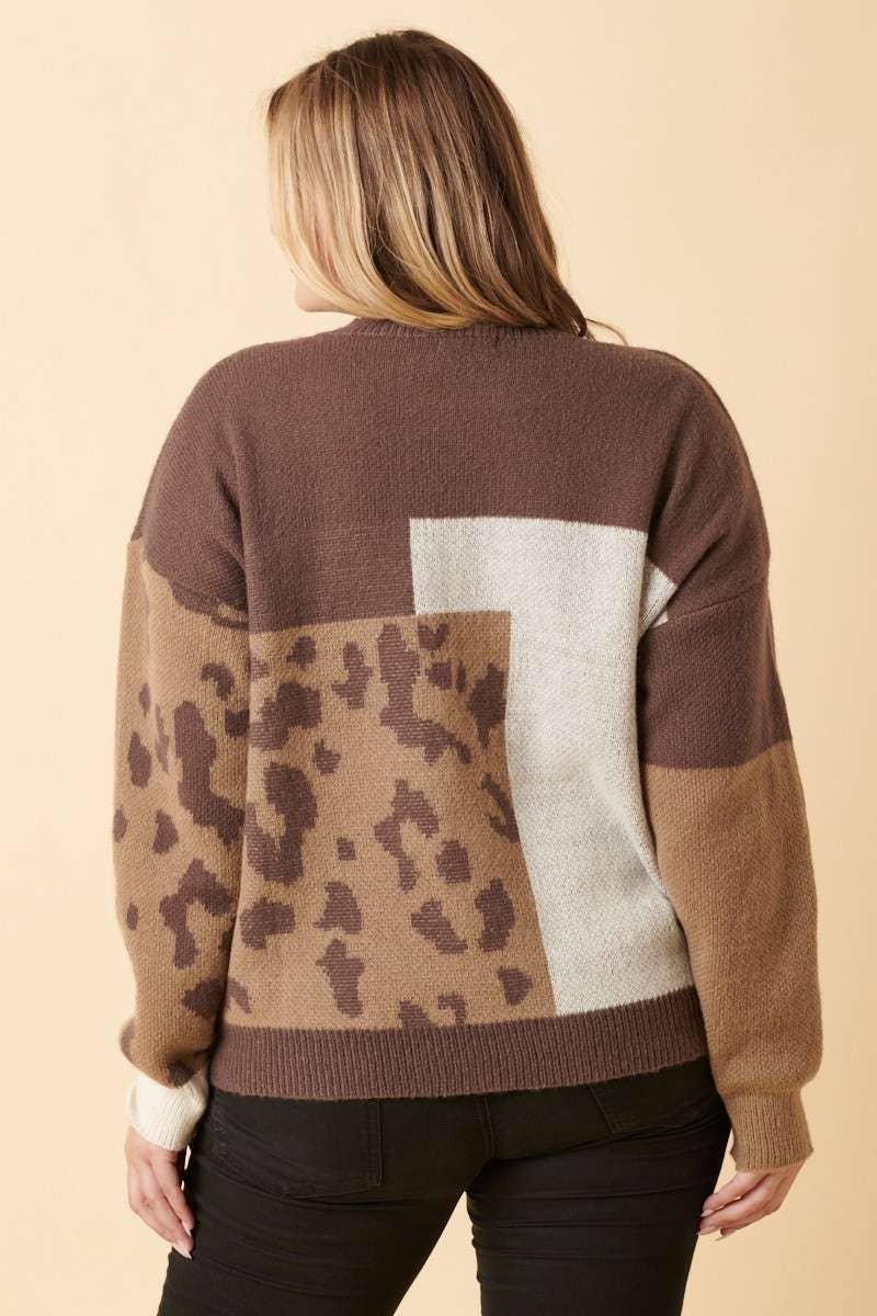 PLUS ANIMAL PRINT COLOR BLOCK SWEATER MOCHA COMBO