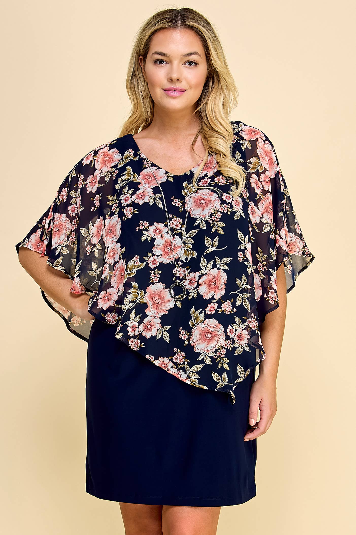 PLUS NAVY/FLORAL ASYMMETRICAL COLD SHOULDER PONCHO DRESS