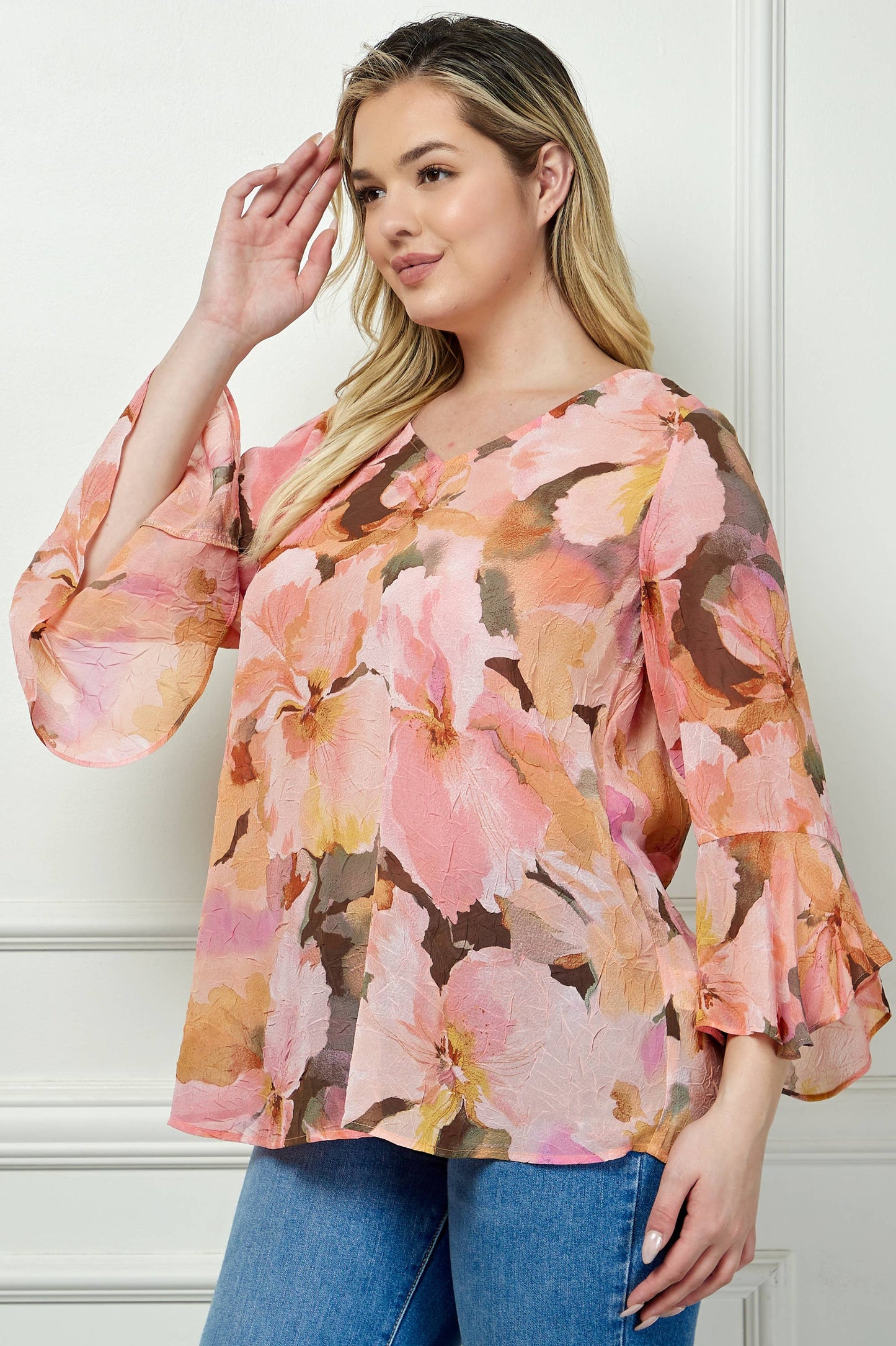 PLUS AND REGULAR SIZE RUFFLE SLEEVE V-NECK SWING TOP: YELLOW/PINK/BROWN