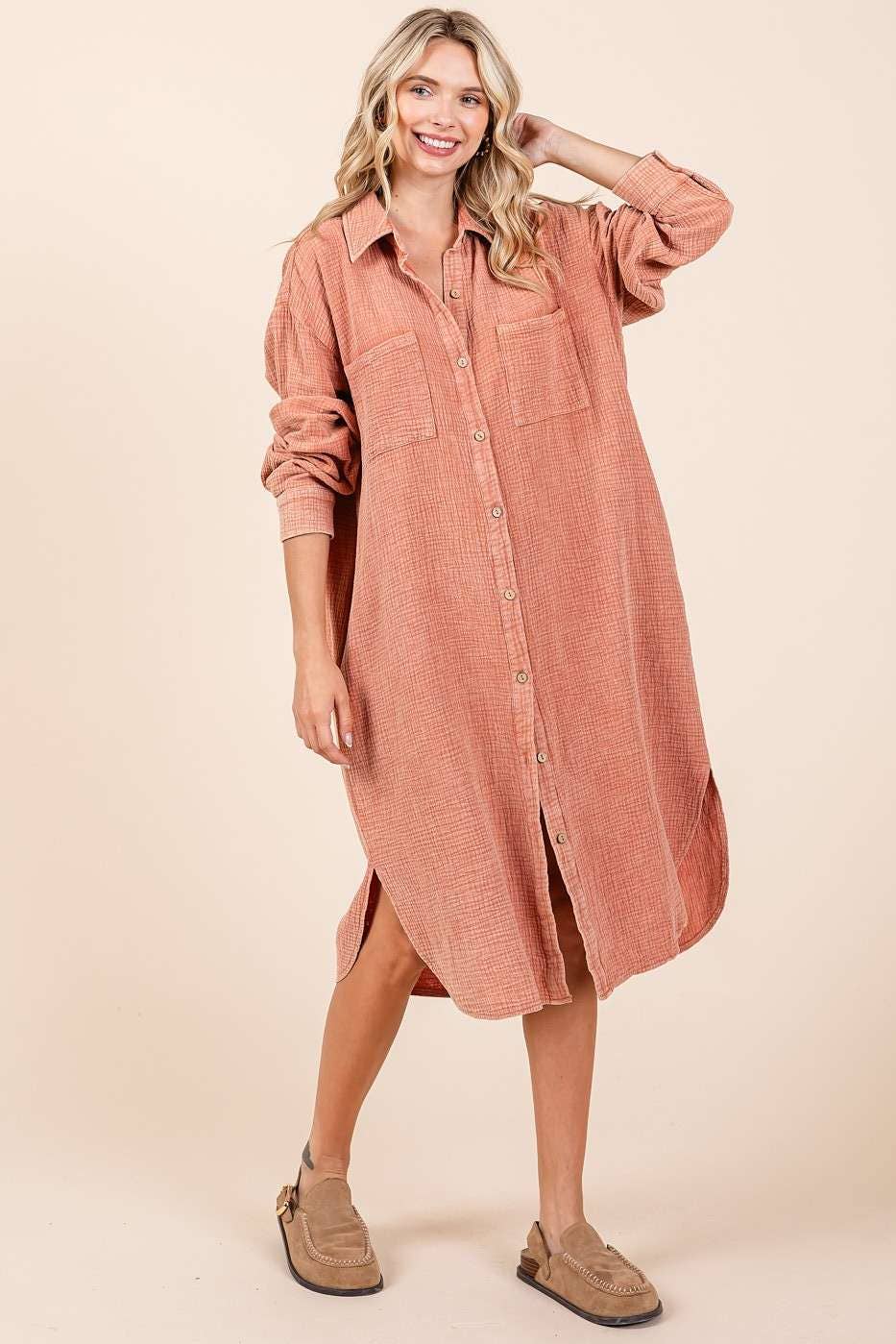 CHAI MINERAL WASH COTTON GAUZE MIDI SHIRT DRESS