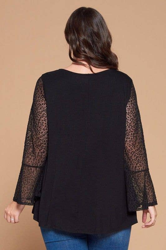 Plus Animal Mesh Bell Sleeves Top