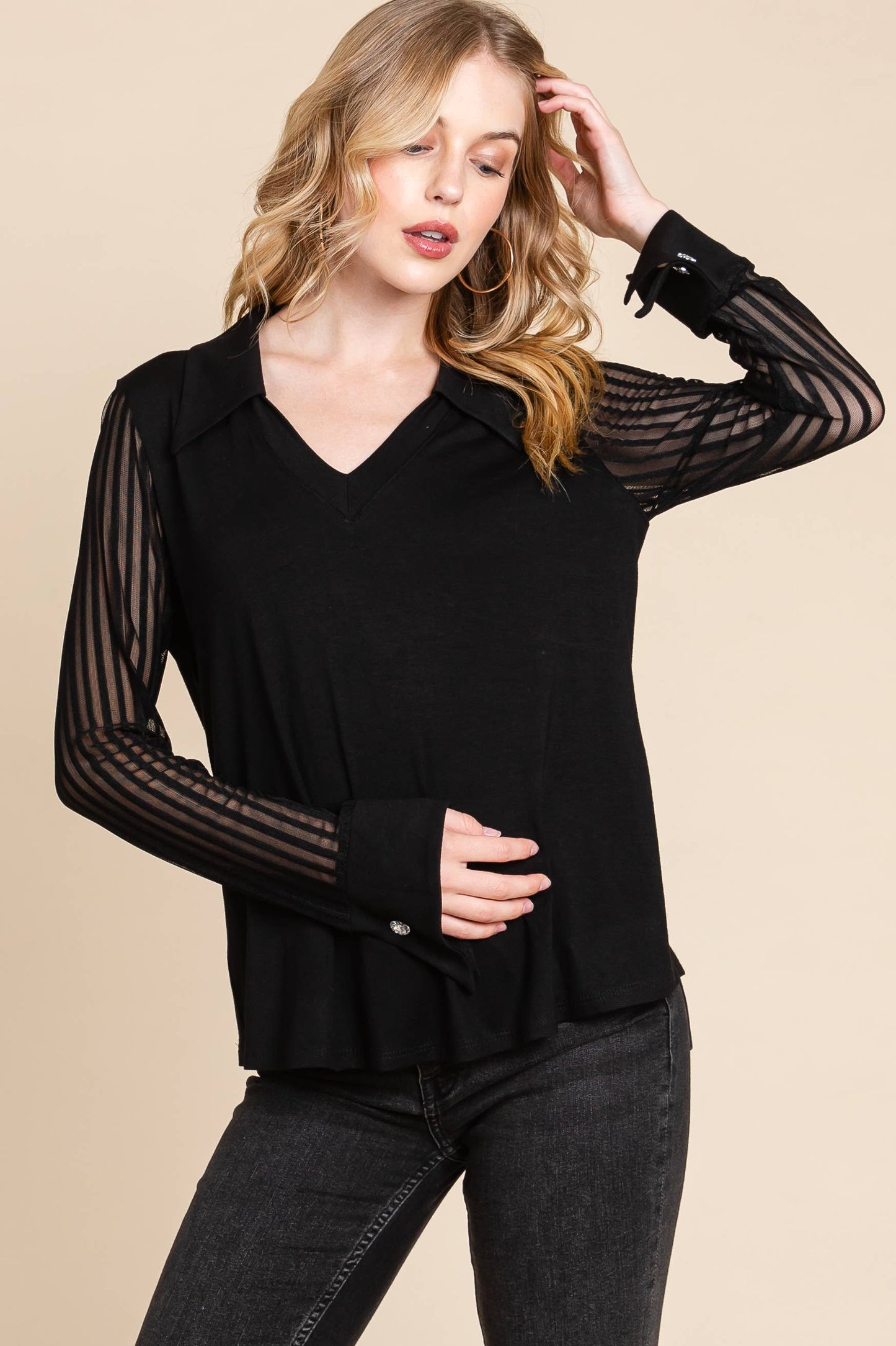 PLUS BLACK V-Neck Solid Fashion Top