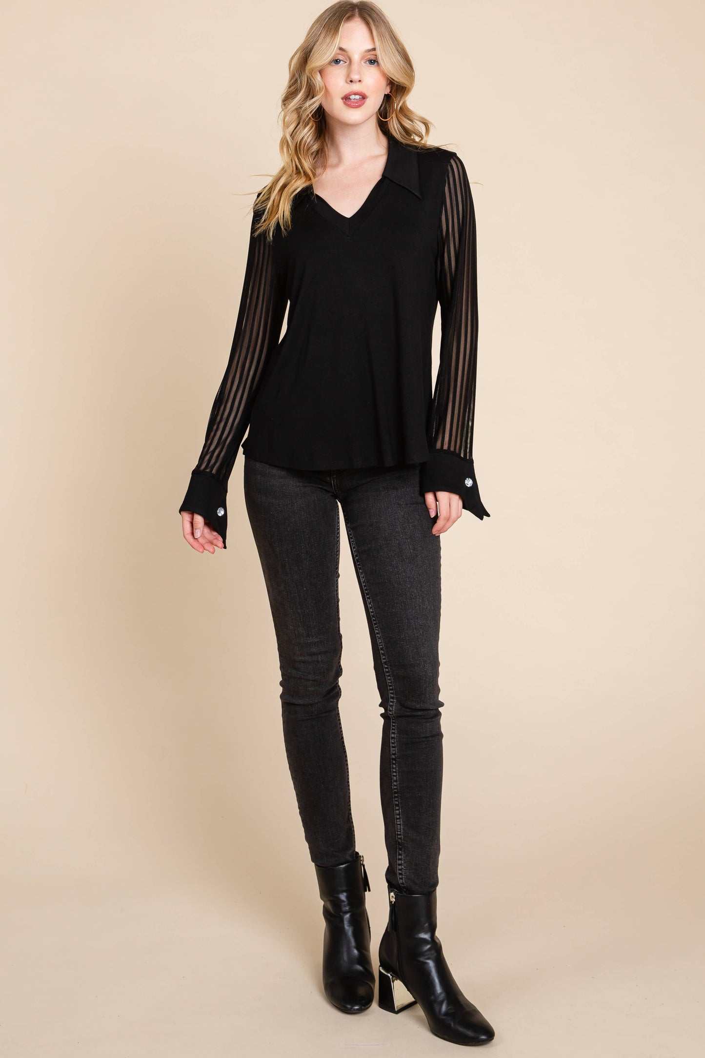 PLUS BLACK V-Neck Solid Fashion Top