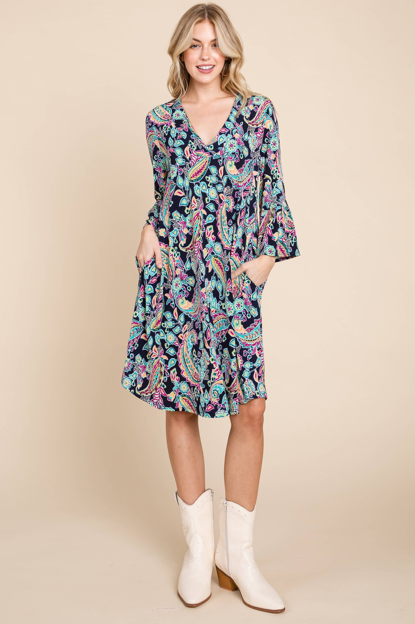 NAVY PAISLEY BELL SLEEVE DRESS