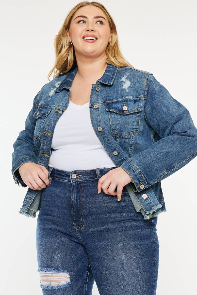 PLUS DARK RINSE DISTRESSED DENIM FRAY HEM JACKET