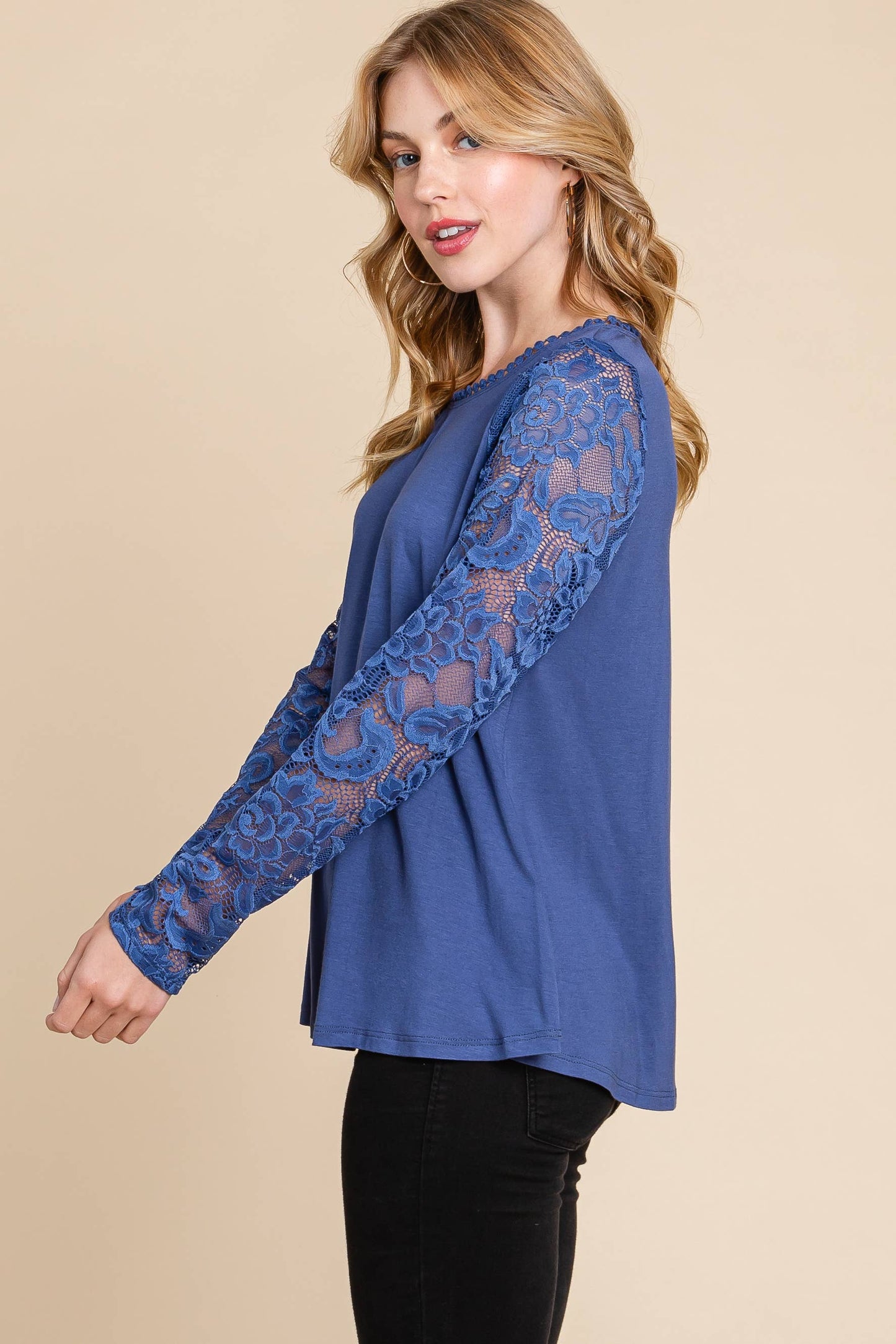 PLUS DENIM BLUE MESH LACE SLEEVE