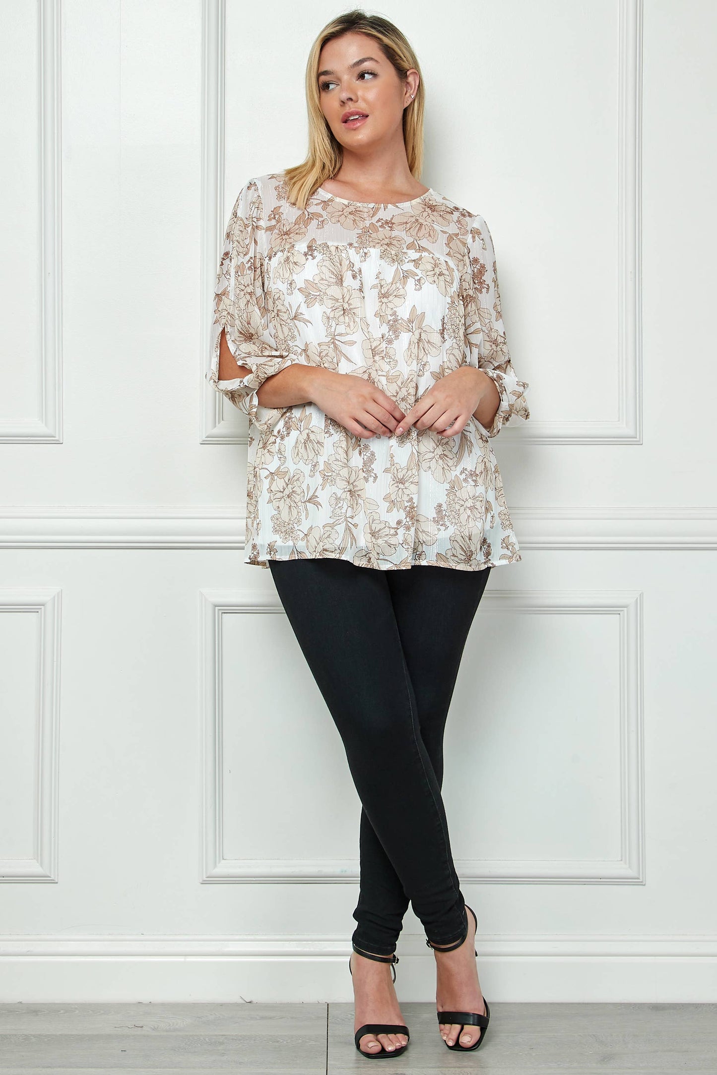 PLUS SIZE FRONT AND BACK YOKE BLOUSE: Ivory/Khaki/Tan
