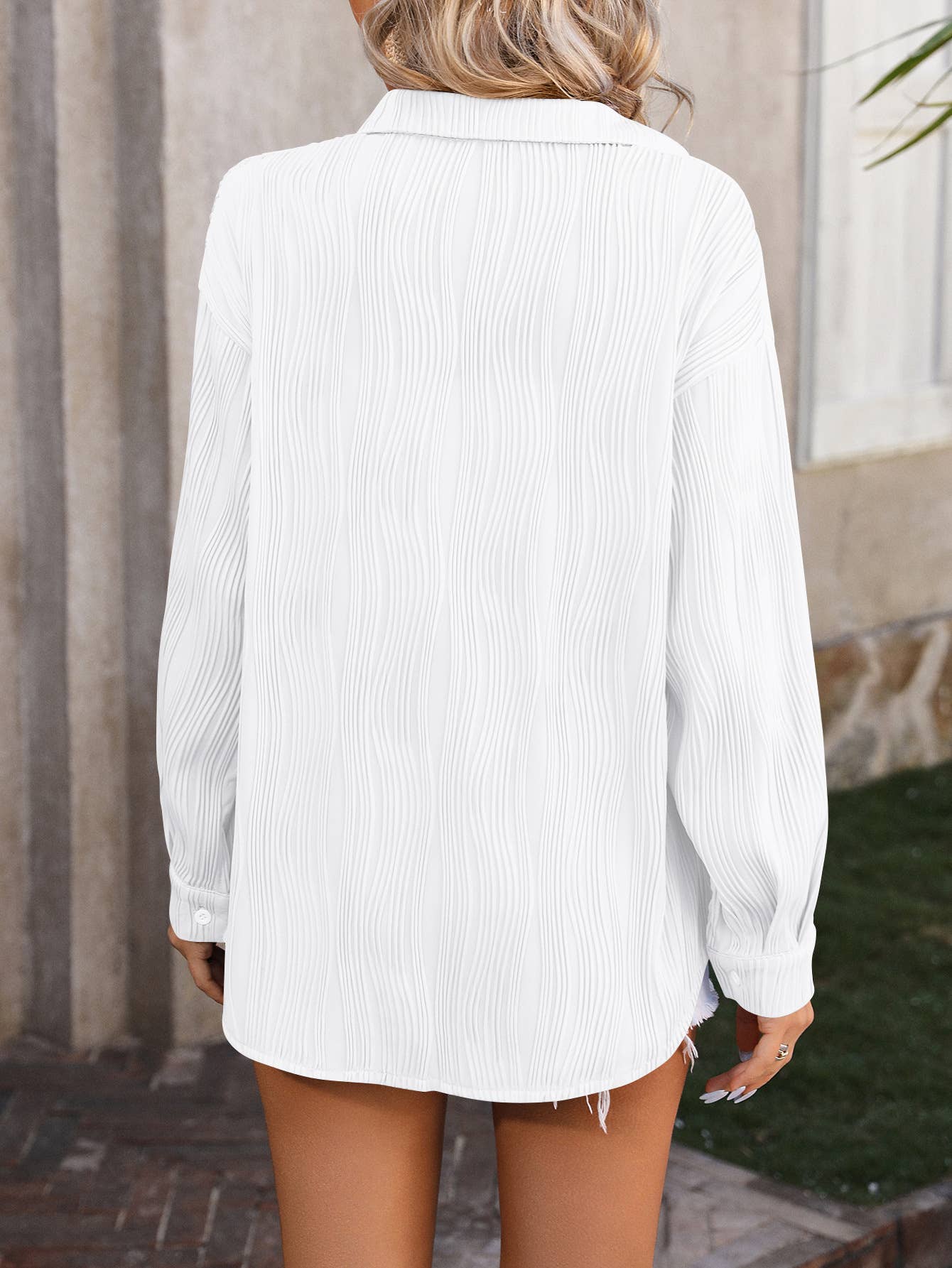 Wavy Plisse Button Up Long Sleeve Shirt-White