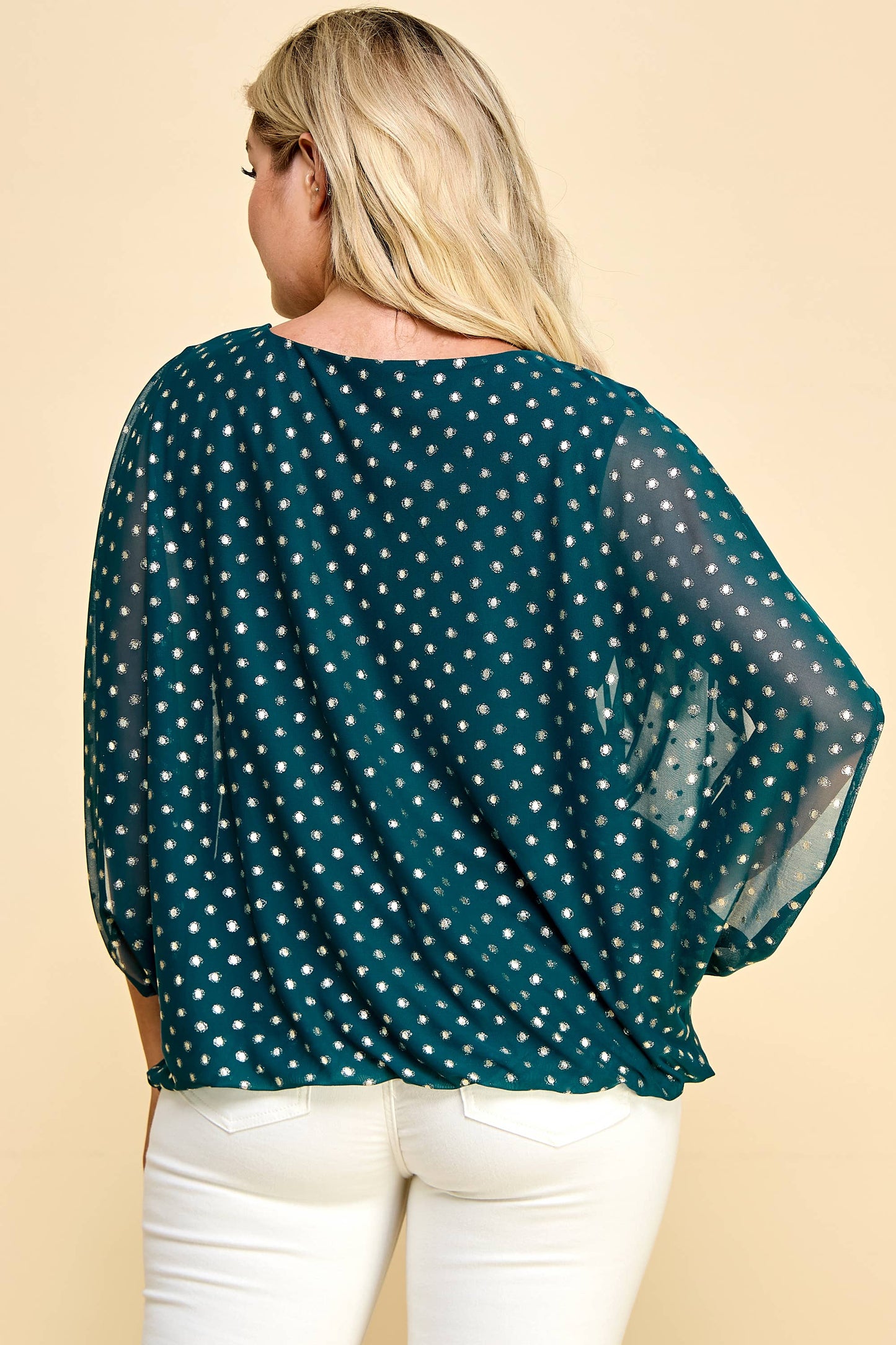 PLUS SIZE VAMPIRE LINED MESH DOT FOIL BLOUSE: HUNTER GOLD