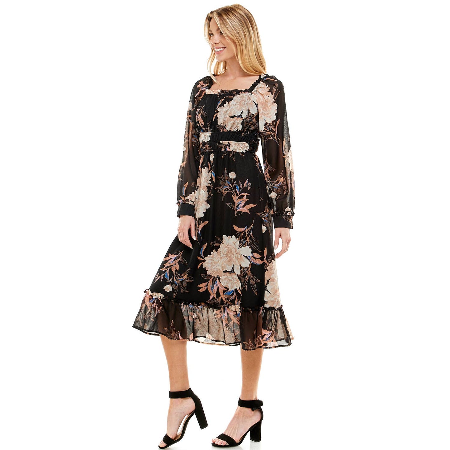 SQUARE NECK LONG SLEEVE MIDI FLORAL DRESS: BLTBL