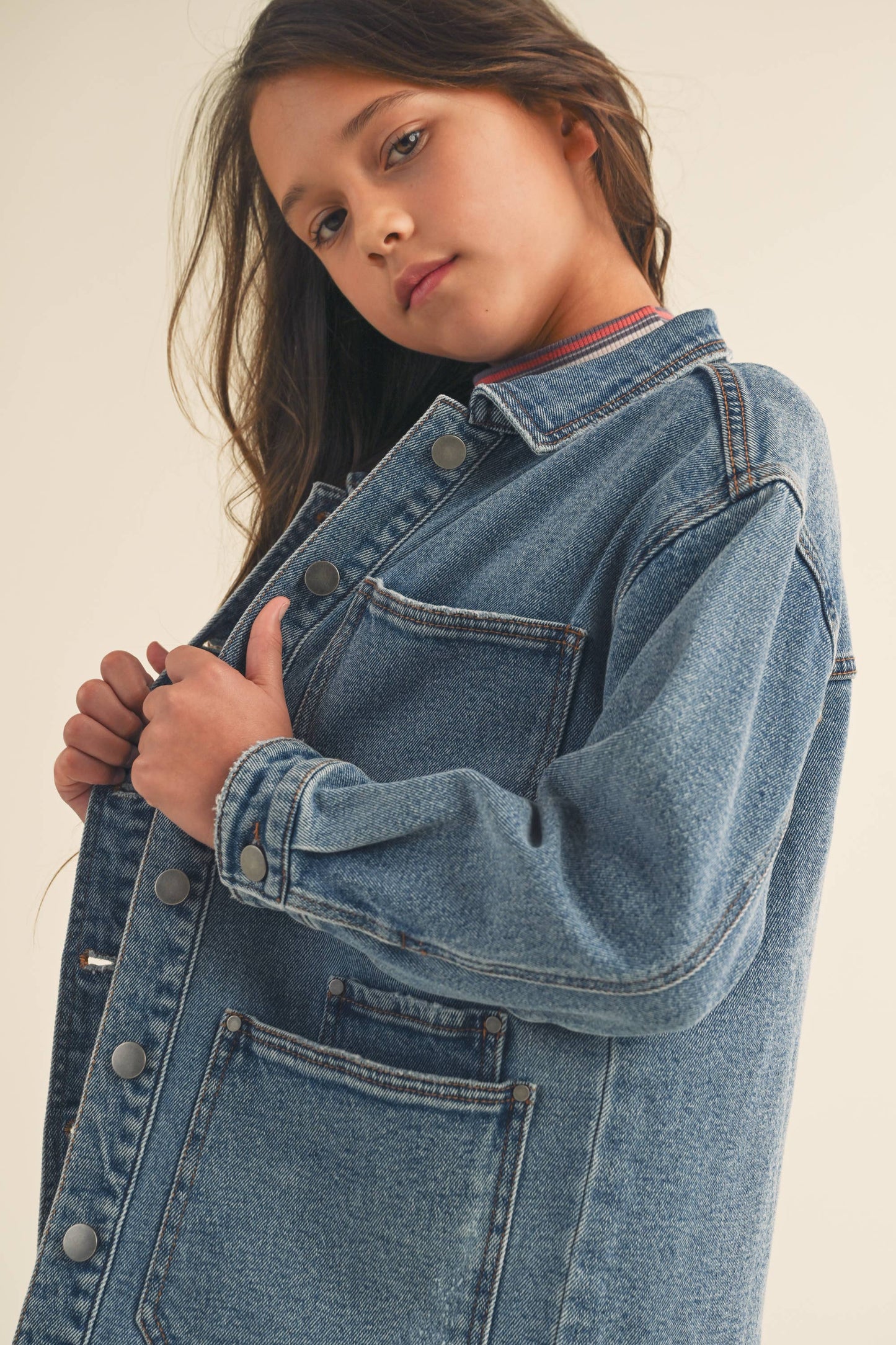 GIRLS DENIM JEANS CARGO BUTTON UP JACKET