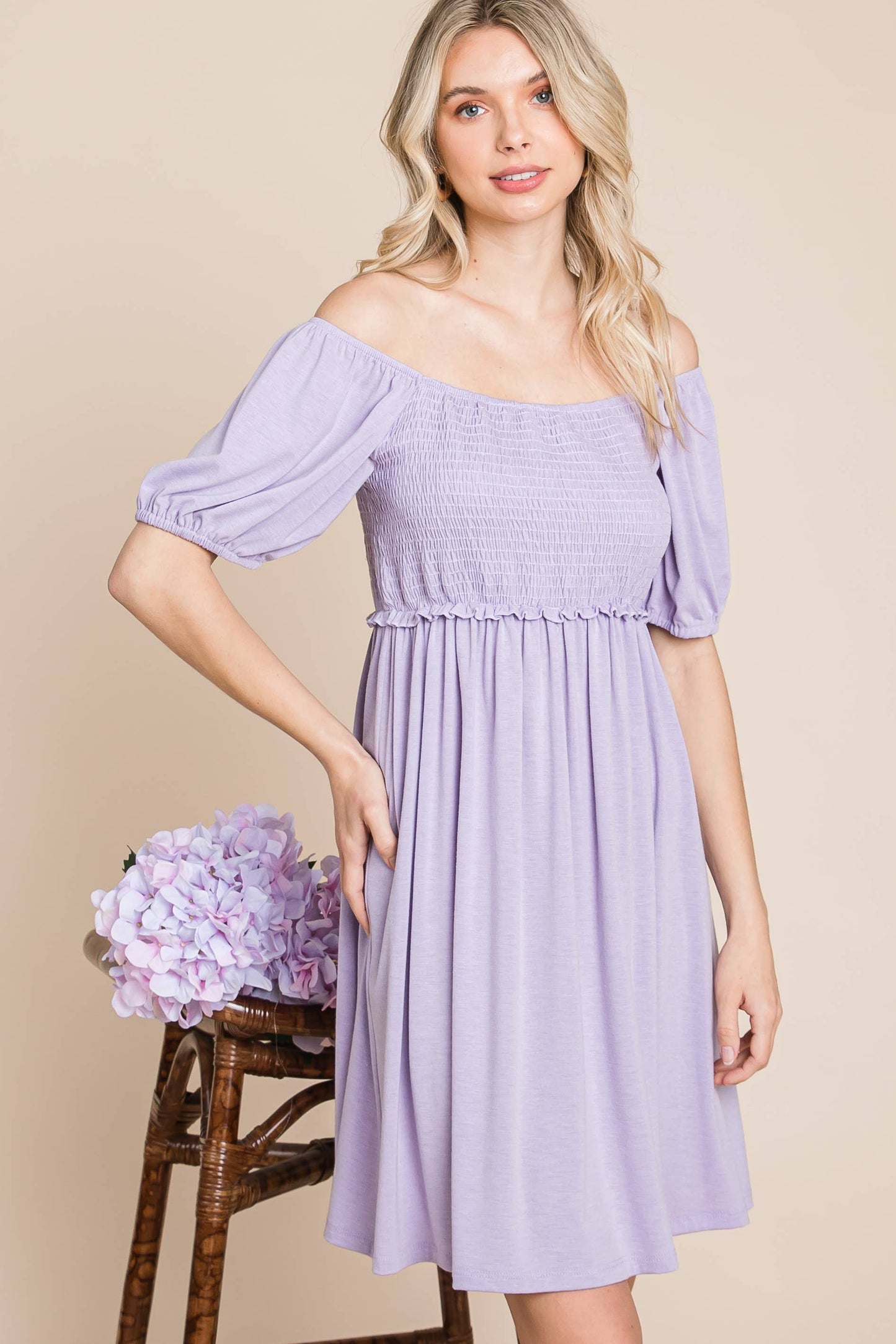 Solid Smocked Babydoll Dress Lavender