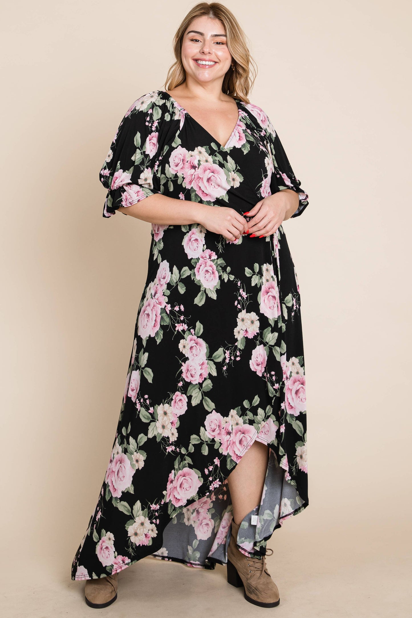 Plus Floral Faux Wrap High Low Maxi Dress