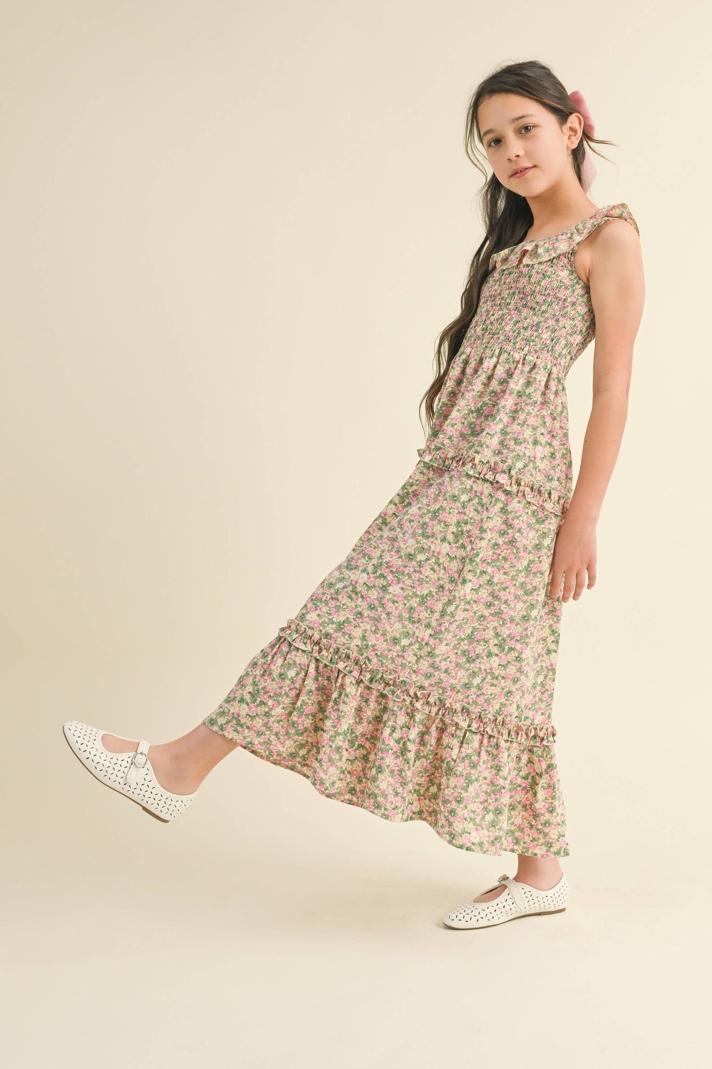 TWEEN FLORAL RUFFLE SMOCKED MAXI DRESS