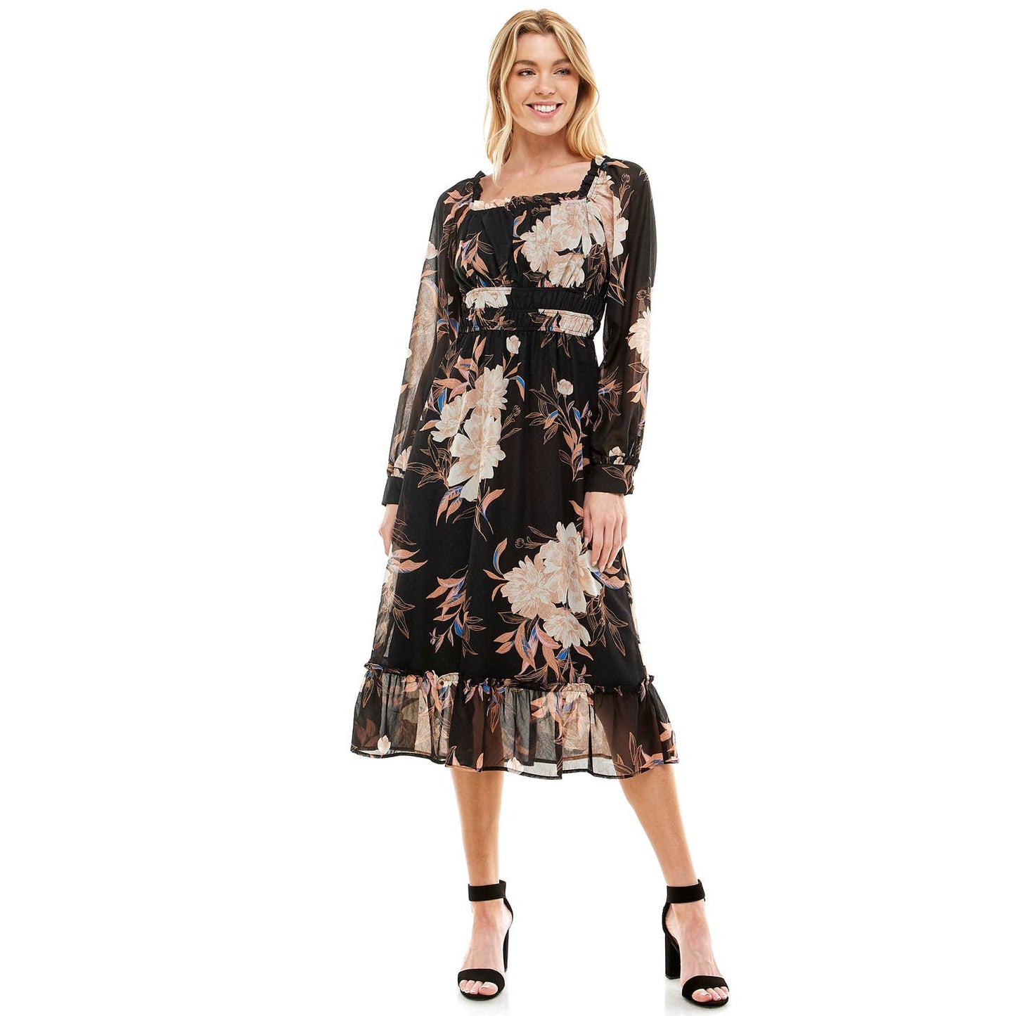 SQUARE NECK LONG SLEEVE MIDI FLORAL DRESS: BLTBL