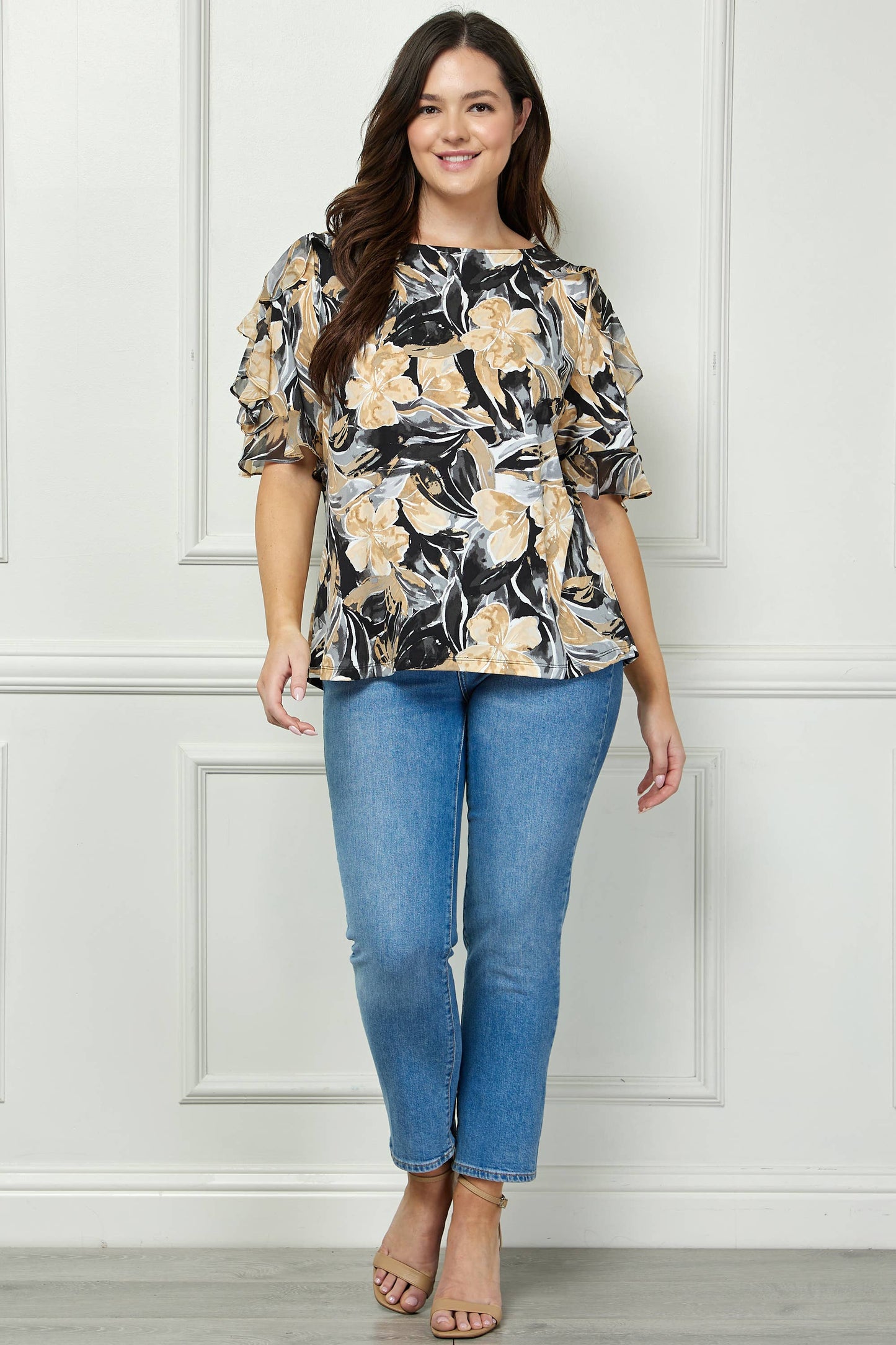 PLUS SIZE BOATNECK TOP WITH RUFFLE SLEEVES : BLKIV
