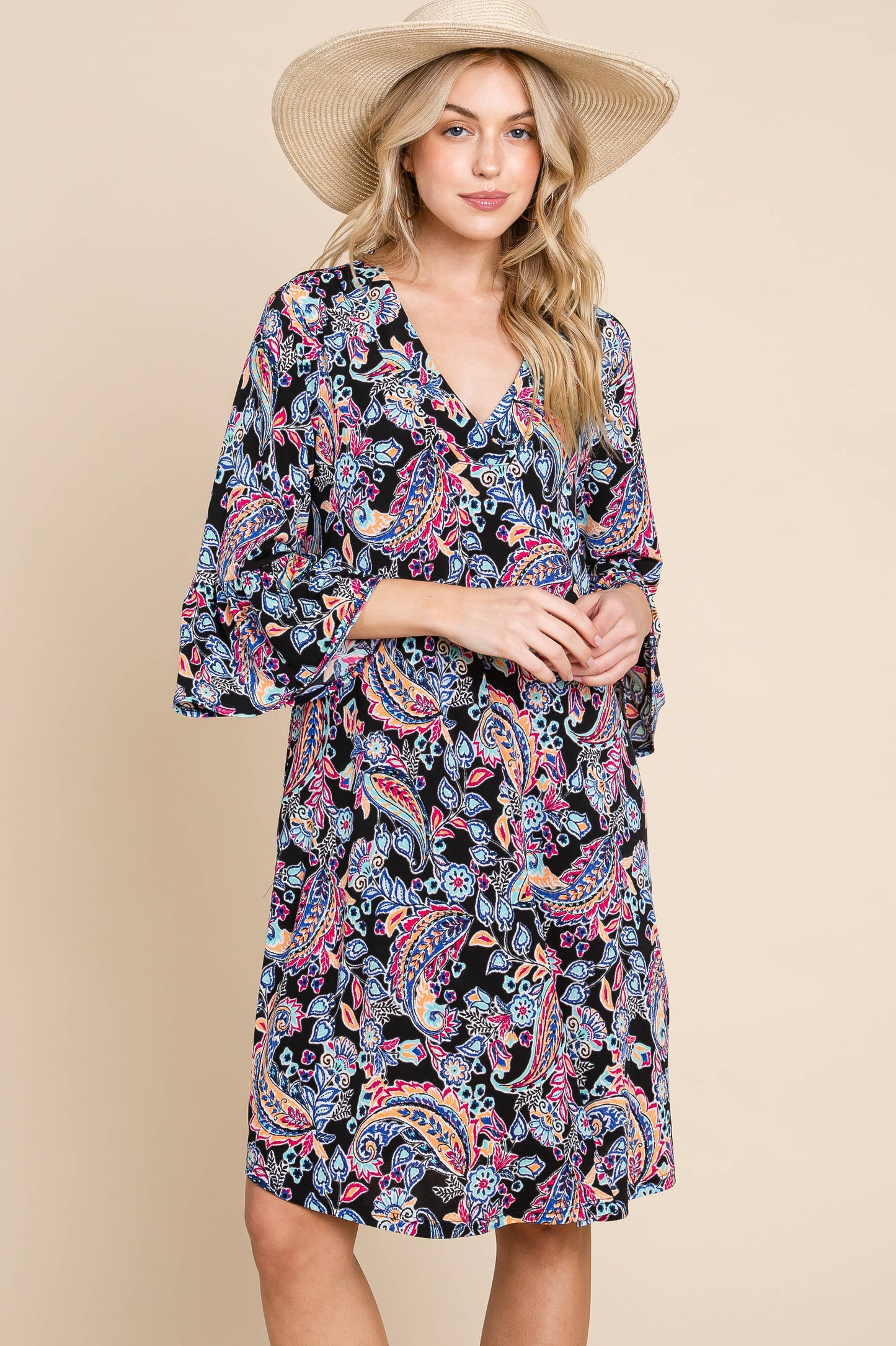 NAVY PAISLEY BELL SLEEVE DRESS