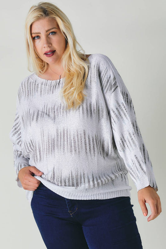 PLUS BEIGE/WHITE CREW NECK LONG SLEEVE SWEATER TOP