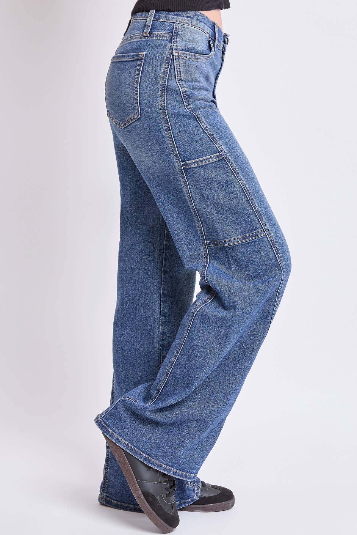 Junior High Rise Seam Front Cargo Wide Leg: Medium Wash