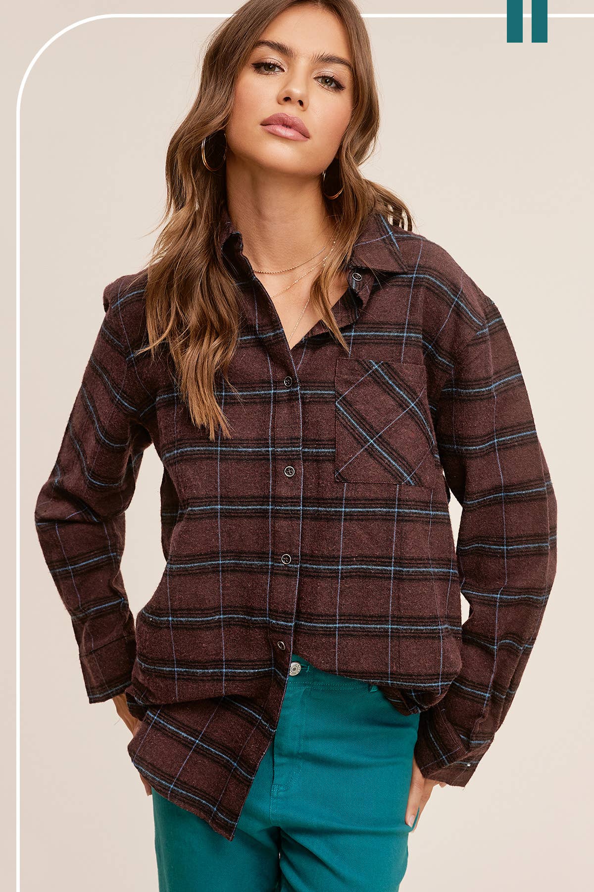 LOOSE FIT CHOCOLATE PLAID BUTTON UP