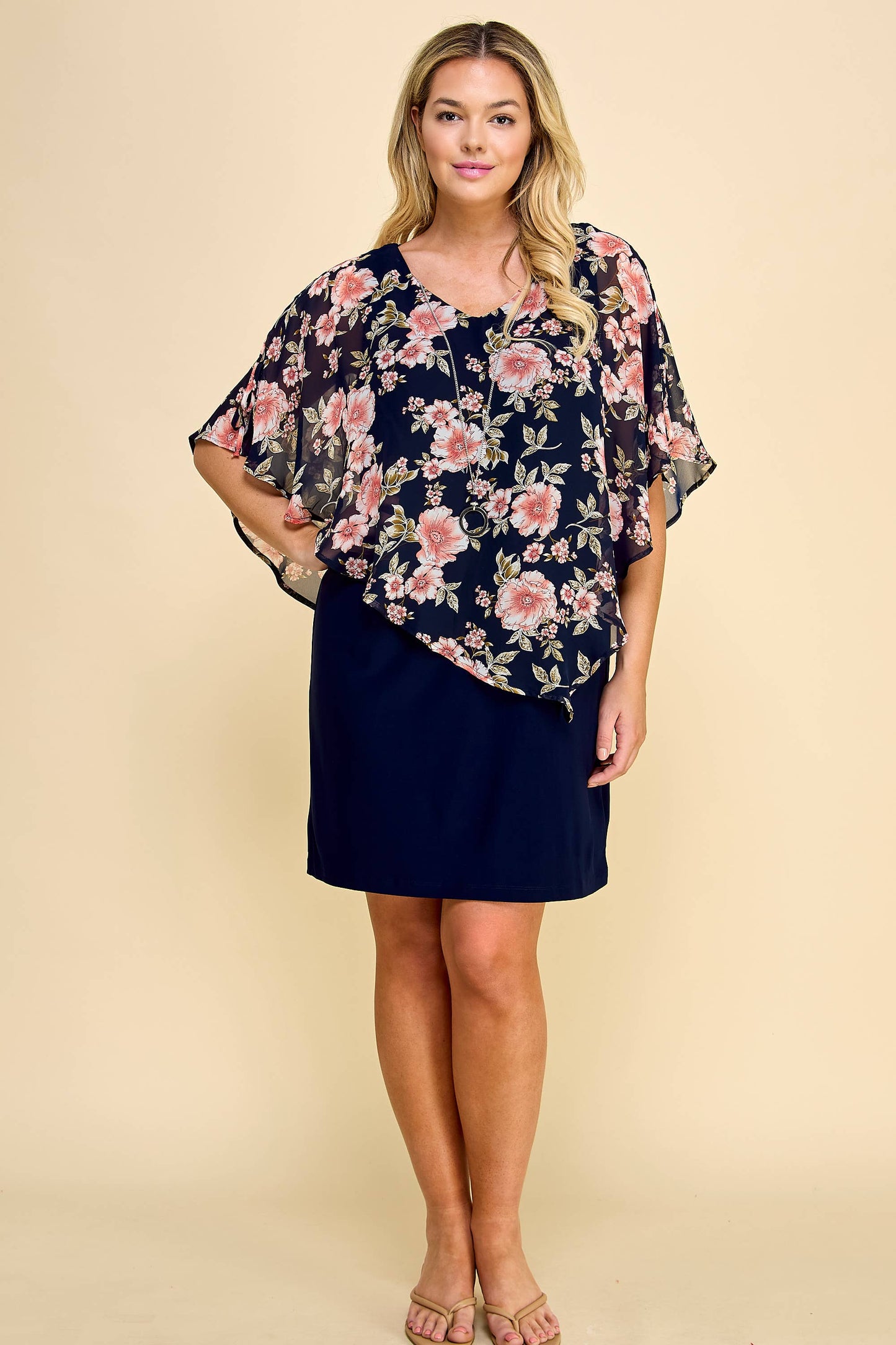 PLUS NAVY/FLORAL ASYMMETRICAL COLD SHOULDER PONCHO DRESS