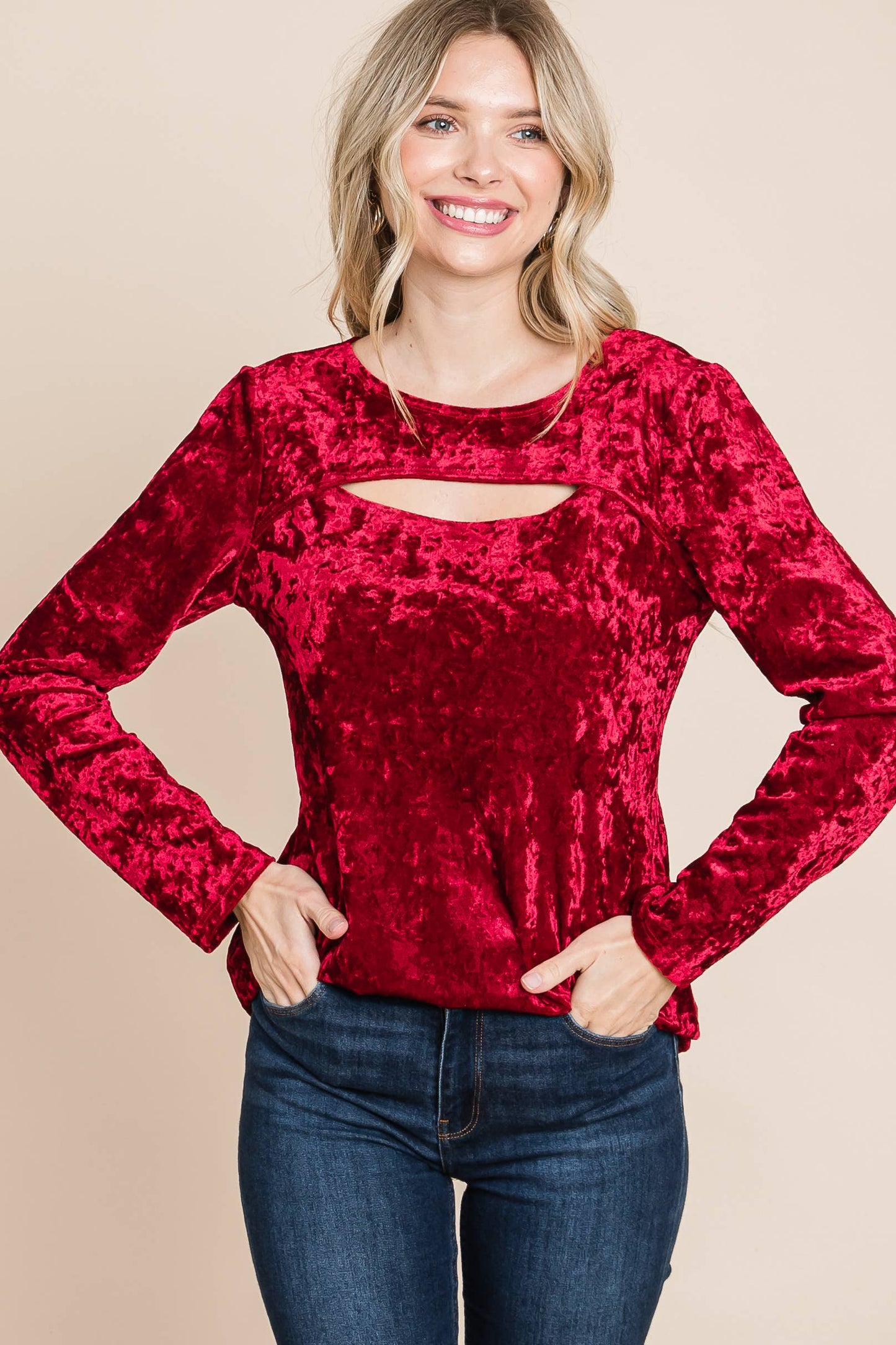 Plus Velvet Cut Out Fashion Top Red