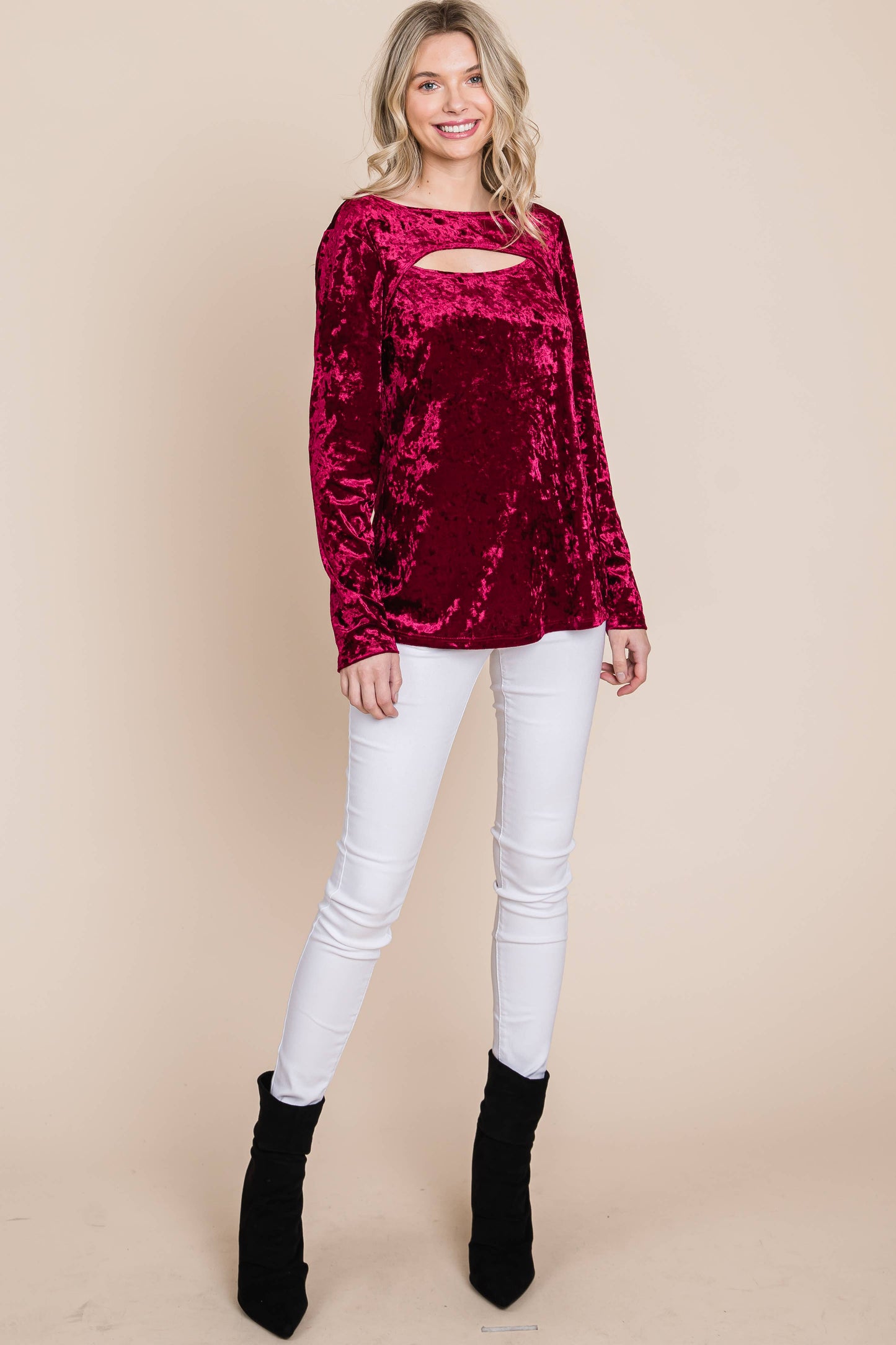 Plus Velvet Cut Out Fashion Top Red