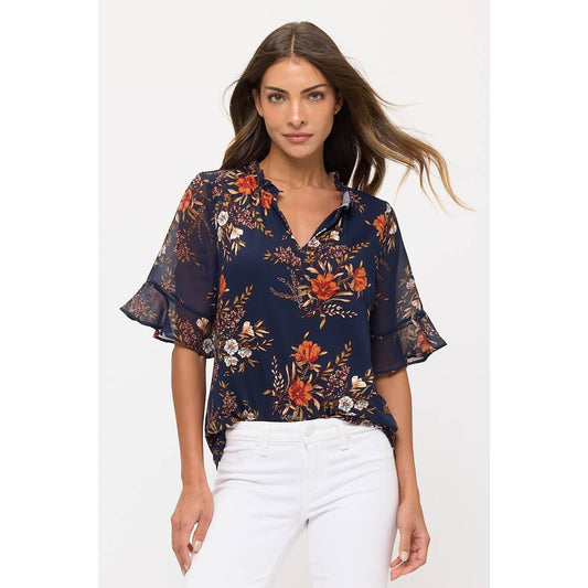 FLORAL MIX MEDIA V NECK RUFFLE DETAIL BLOUSE NAVY/RUST/OLIVE