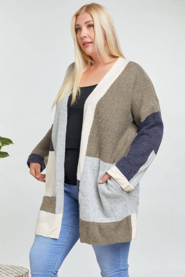 PLUS OLIVE COLORBLOCK ACCENT LONGLINE SWEATER CARDIGAN